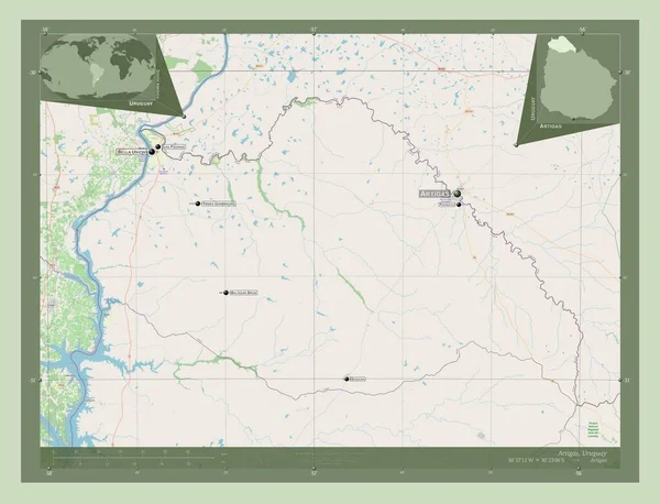 ウルグアイ省のアーティガスです ストリートマップを開く 地域の主要都市の位置と名前 コーナー補助位置図 — ストック写真