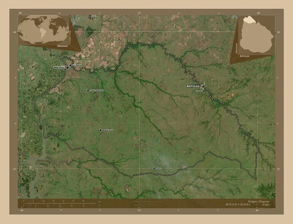 ウルグアイ省のアーティガスです 低解像度衛星地図 地域の主要都市の位置と名前 コーナー補助位置図 — ストック写真