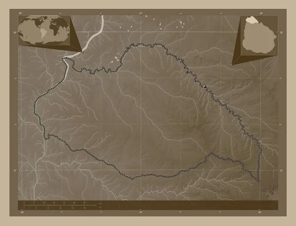 Артигас Департамент Уругвая Карта Высоты Окрашенная Сепиевые Тона Озерами Реками — стоковое фото