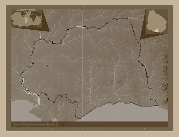 Канелонес Департамент Уругвая Карта Высоты Окрашенная Сепиевые Тона Озерами Реками — стоковое фото