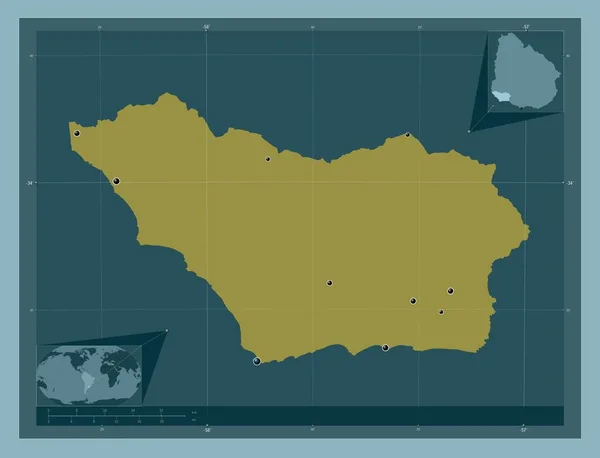 コロンビア ウルグアイ省 しっかりした色の形 地域の主要都市の場所 コーナー補助位置図 — ストック写真