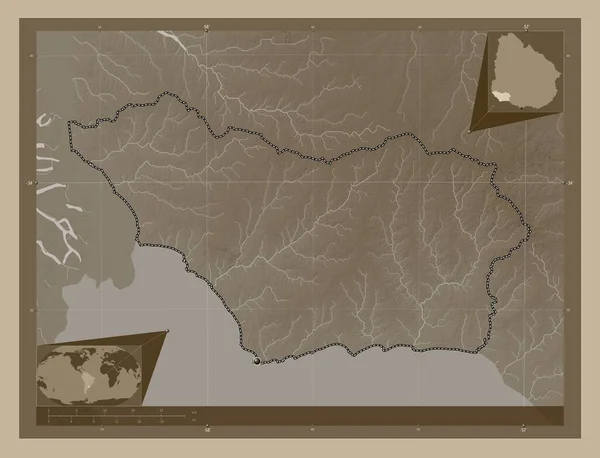 Колония Департамент Уругвая Карта Высоты Окрашенная Сепиевые Тона Озерами Реками — стоковое фото
