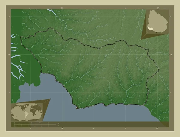 科洛尼亚 乌拉圭省 用Wiki风格绘制的带有湖泊和河流的高程地图 角辅助位置图 — 图库照片