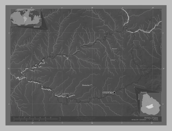 Durazno Department Uruguay Grayscale Elevation Map Lakes Rivers Locations Names — Stock Photo, Image
