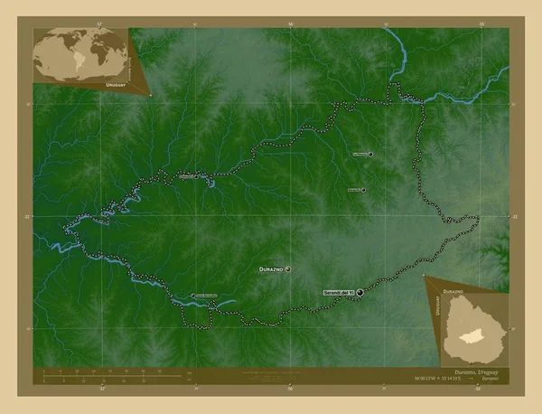 Durazno Departament Urugwaju Kolorowa Mapa Wzniesień Jeziorami Rzekami Lokalizacje Nazwy — Zdjęcie stockowe