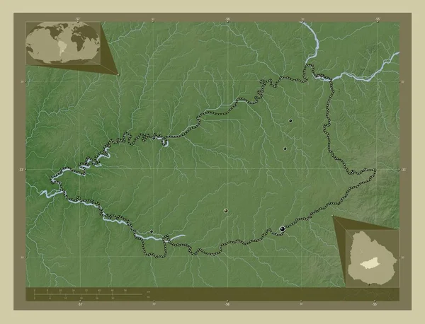 杜拉兹诺 乌拉圭省用Wiki风格绘制的带有湖泊和河流的高程地图 该区域主要城市的所在地点 角辅助位置图 — 图库照片