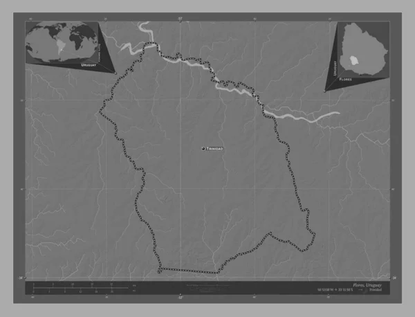 Flores Departament Urugwaju Dwupoziomowa Mapa Jeziorami Rzekami Lokalizacje Nazwy Głównych — Zdjęcie stockowe