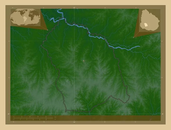 Флорес Департамент Уругваю Кольорові Карти Висот Озерами Річками Кутові Допоміжні — стокове фото