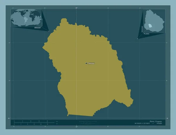 フロレス ウルグアイの部署 しっかりした色の形 地域の主要都市の位置と名前 コーナー補助位置図 — ストック写真