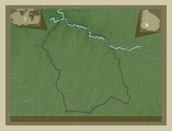 弗洛雷斯 乌拉圭省 用Wiki风格绘制的带有湖泊和河流的高程地图 该区域主要城市的所在地点 角辅助位置图 — 图库照片
