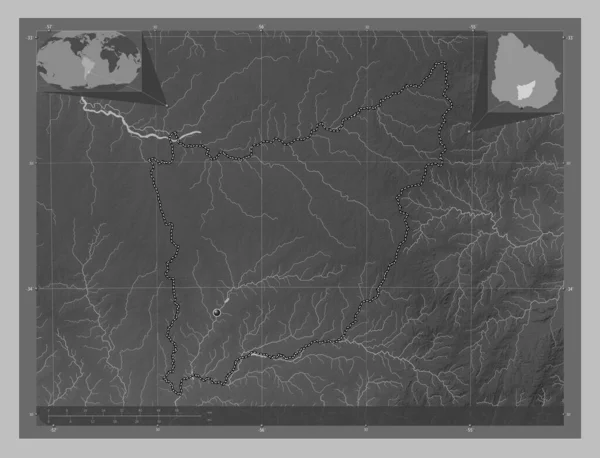 Florida Departement Uruguay Grayscale Hoogte Kaart Met Meren Rivieren Hulplocatiekaarten — Stockfoto
