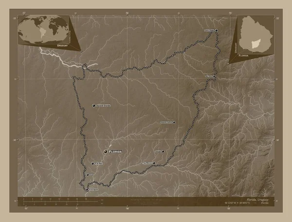 Флорида Департамент Уругвая Карта Высоты Окрашенная Сепиевые Тона Озерами Реками — стоковое фото
