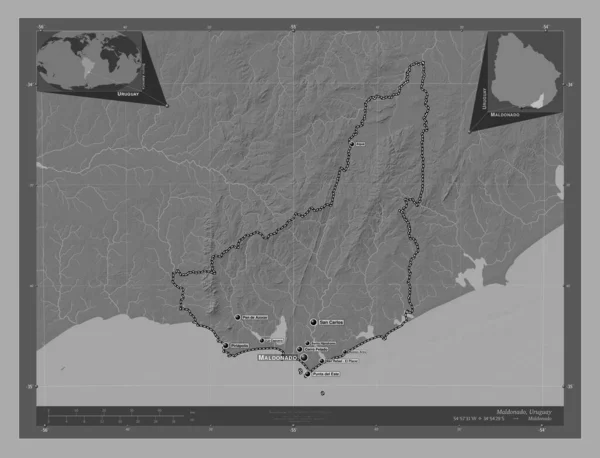 Maldonado Departement Uruguay Hoogteplattegrond Met Meren Rivieren Locaties Namen Van — Stockfoto