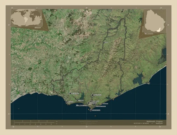 Maldonado 乌拉圭省 高分辨率卫星地图 该区域主要城市的地点和名称 角辅助位置图 — 图库照片