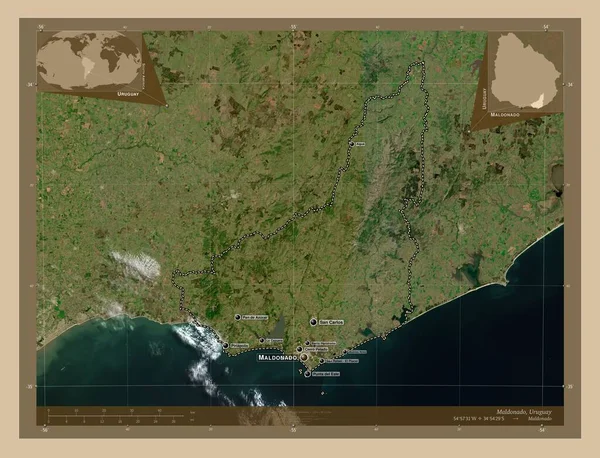 Maldonado 乌拉圭省 低分辨率卫星地图 该区域主要城市的地点和名称 角辅助位置图 — 图库照片