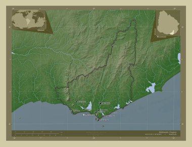 Maldonado, Uruguay Departmanı. Yükseklik haritası göller ve nehirlerle wiki tarzında renklendirilmiş. Bölgenin büyük şehirlerinin yerleri ve isimleri. Köşedeki yedek konum haritaları