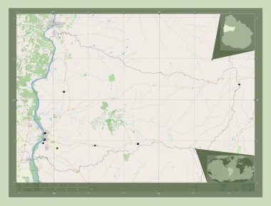 Paysandu, Uruguay Departmanı. Açık Sokak Haritası. Bölgenin büyük şehirlerinin yerleri. Köşedeki yedek konum haritaları
