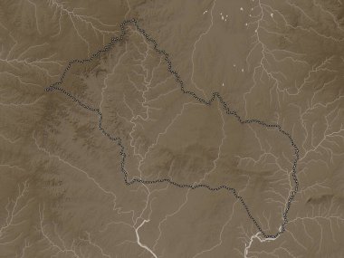 Rivera, Uruguay Departmanı. Yükseklik haritası sepya tonlarında göller ve nehirlerle renklendirilmiş