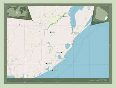 Rocha, Uruguay Departmanı. Açık Sokak Haritası. Bölgenin büyük şehirlerinin yerleri ve isimleri. Köşedeki yedek konum haritaları