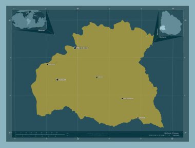 Soriano, Uruguay Departmanı. Katı renk şekli. Bölgenin büyük şehirlerinin yerleri ve isimleri. Köşedeki yedek konum haritaları