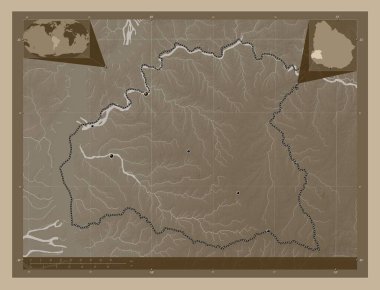 Soriano, Uruguay Departmanı. Yükseklik haritası sepya tonlarında göller ve nehirlerle renklendirilmiş. Bölgenin büyük şehirlerinin yerleri. Köşedeki yedek konum haritaları