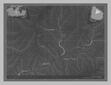 Tacuarembo, Uruguay Departmanı. Gölleri ve nehirleri olan gri tonlama yükseklik haritası. Bölgenin büyük şehirlerinin yerleri ve isimleri. Köşedeki yedek konum haritaları