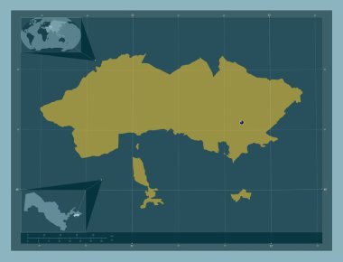 Ferghana, Özbekistan bölgesi. Katı renk şekli. Köşedeki yedek konum haritaları