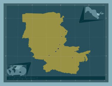 Jizzakh, Özbekistan bölgesi. Katı renk şekli. Bölgenin büyük şehirlerinin yerleri. Köşedeki yedek konum haritaları