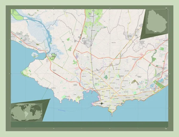 ウルグアイのモンテビデオです ストリートマップを開く 地域の主要都市の場所 コーナー補助位置図 — ストック写真