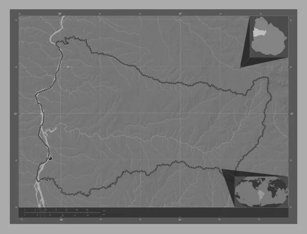 Paysandu Department Uruguay Bilevel Elevation Map Lakes Rivers Corner Auxiliary — Stock Photo, Image