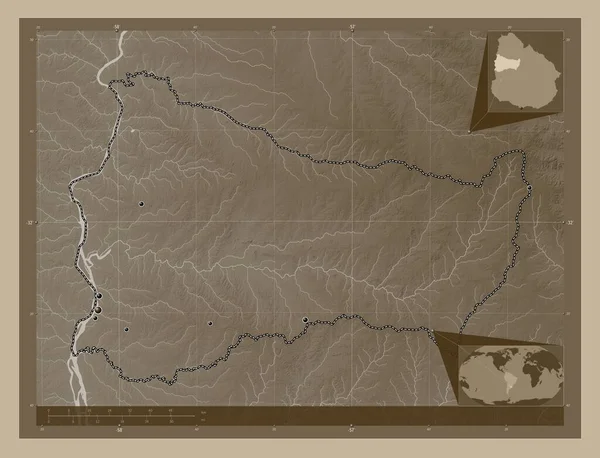 Пайсанду Департамент Уругвая Карта Высоты Окрашенная Сепиевые Тона Озерами Реками — стоковое фото