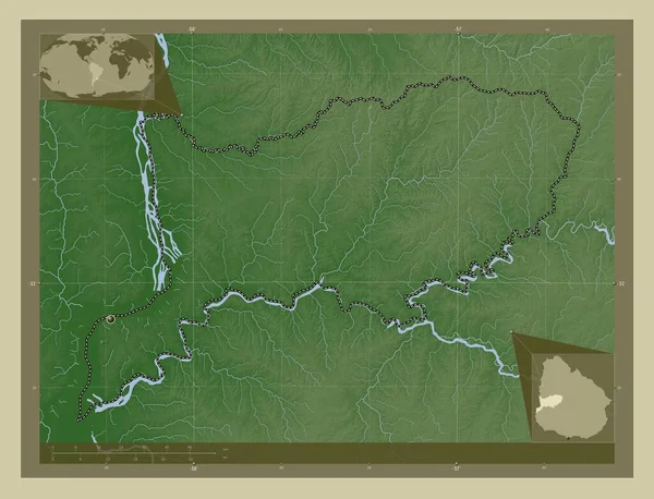 ウルグアイのリオ ネグロ県出身 湖や川とWikiスタイルで着色された標高マップ コーナー補助位置図 — ストック写真