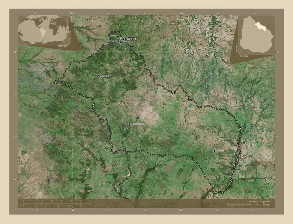 ウルグアイ省のリベラだ 高解像度衛星地図 地域の主要都市の位置と名前 コーナー補助位置図 — ストック写真