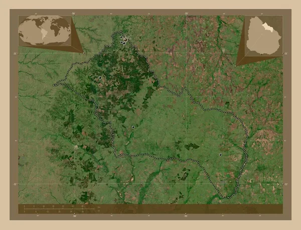 ウルグアイ省のリベラだ 低解像度衛星地図 地域の主要都市の場所 コーナー補助位置図 — ストック写真