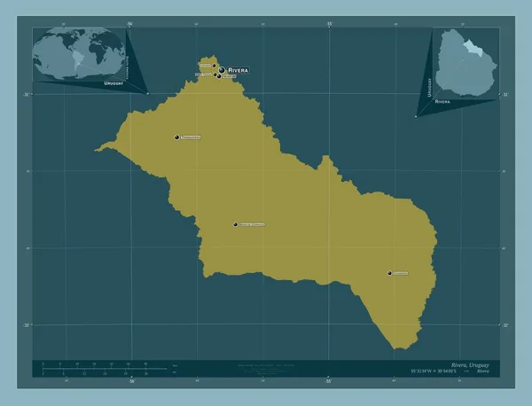 ウルグアイ省のリベラだ しっかりした色の形 地域の主要都市の位置と名前 コーナー補助位置図 — ストック写真