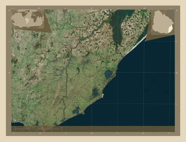 ウルグアイ省のロシャ 高解像度衛星地図 地域の主要都市の場所 コーナー補助位置図 — ストック写真