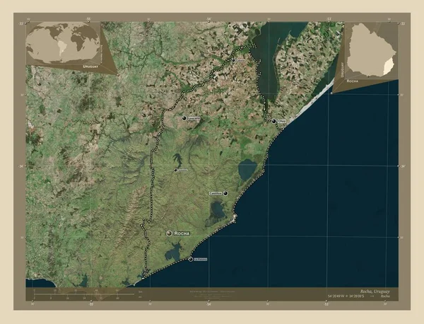 ウルグアイ省のロシャ 高解像度衛星地図 地域の主要都市の位置と名前 コーナー補助位置図 — ストック写真