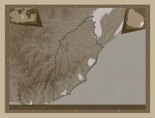 Rocha Departamento Uruguai Mapa Elevação Colorido Tons Sépia Com Lagos — Fotografia de Stock