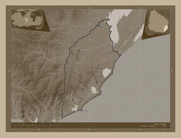 Rocha Department Uruguay Elevation Map Colored Sepia Tones Lakes Rivers — Stock Photo, Image