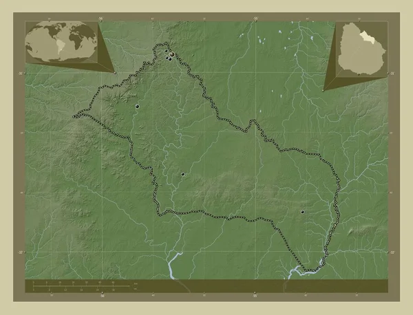 里维拉 乌拉圭省 用Wiki风格绘制的带有湖泊和河流的高程地图 该区域主要城市的所在地点 角辅助位置图 — 图库照片