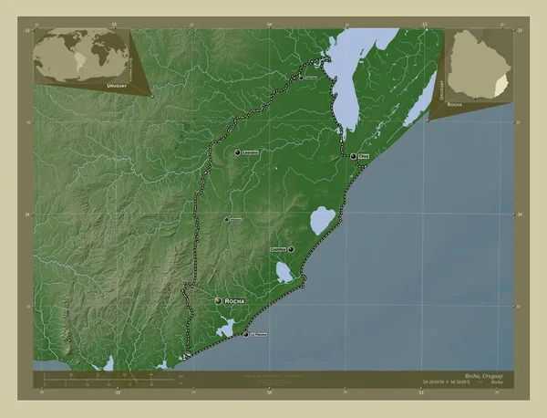 Rocha Oddělení Uruguaye Zdvihová Mapa Zbarvená Stylu Wiki Jezery Řekami — Stock fotografie