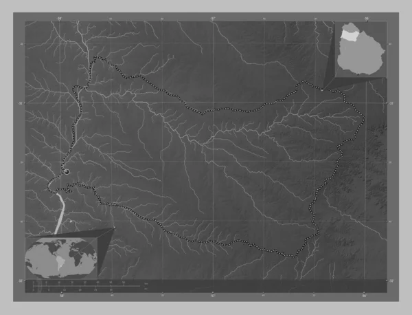 Salto Department Uruguay Grayscale Elevation Map Lakes Rivers Corner Auxiliary — Stock Photo, Image