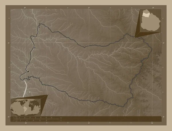 Сальто Департамент Уругвая Карта Высоты Окрашенная Сепиевые Тона Озерами Реками — стоковое фото