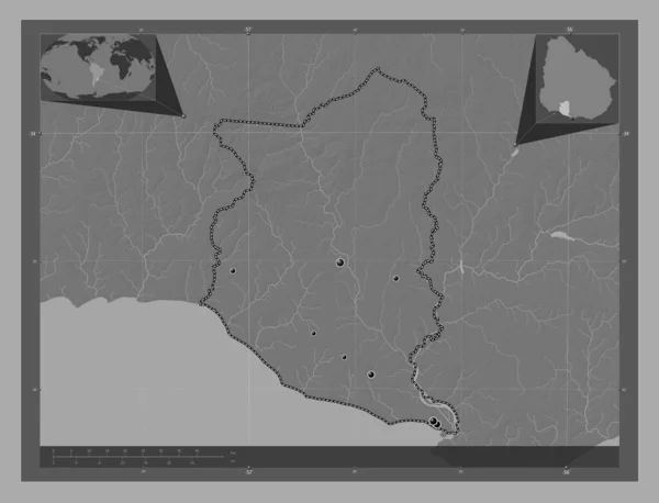 San Jose 乌拉圭省 带湖泊和河流的比尔维尔高程图 该区域主要城市的所在地点 角辅助位置图 — 图库照片