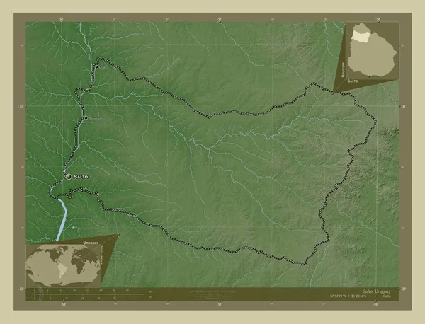 Salto 乌拉圭省 用Wiki风格绘制的带有湖泊和河流的高程地图 该区域主要城市的地点和名称 角辅助位置图 — 图库照片