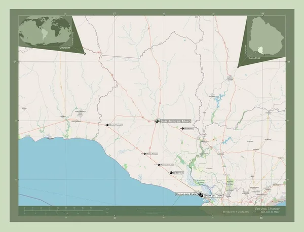 ウルグアイのサンノゼ県 ストリートマップを開く 地域の主要都市の位置と名前 コーナー補助位置図 — ストック写真