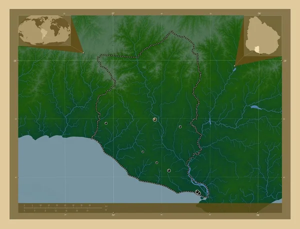 ウルグアイのサンノゼ県 湖や川と色の標高マップ 地域の主要都市の場所 コーナー補助位置図 — ストック写真