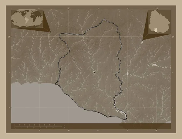 San Jose Oddělení Uruguaye Zdvihová Mapa Zbarvená Sépiovými Tóny Jezery — Stock fotografie