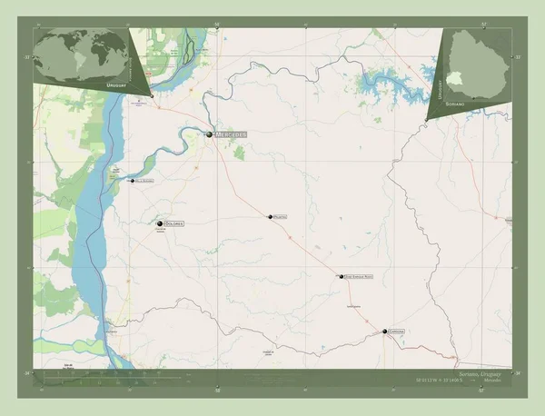 Soriano 乌拉圭省 开放街道地图 该区域主要城市的地点和名称 角辅助位置图 — 图库照片