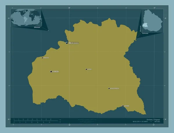 ウルグアイのソリアーノだ しっかりした色の形 地域の主要都市の位置と名前 コーナー補助位置図 — ストック写真